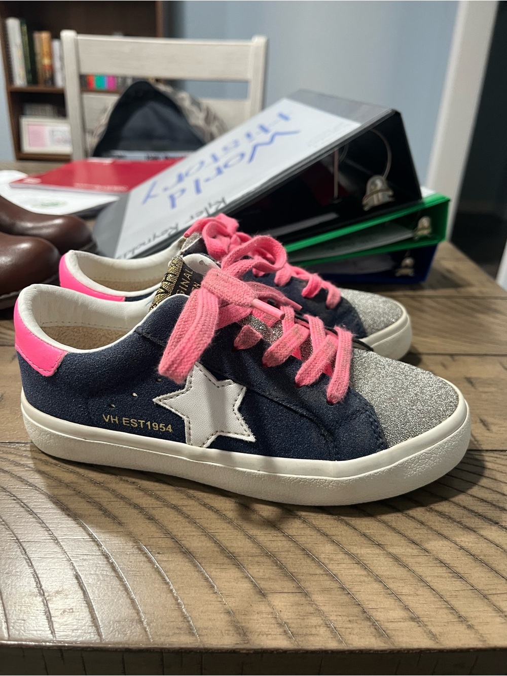 Vintage Havana Kids Navy Sneakers with Pink Accents and Silver Glitter Toe